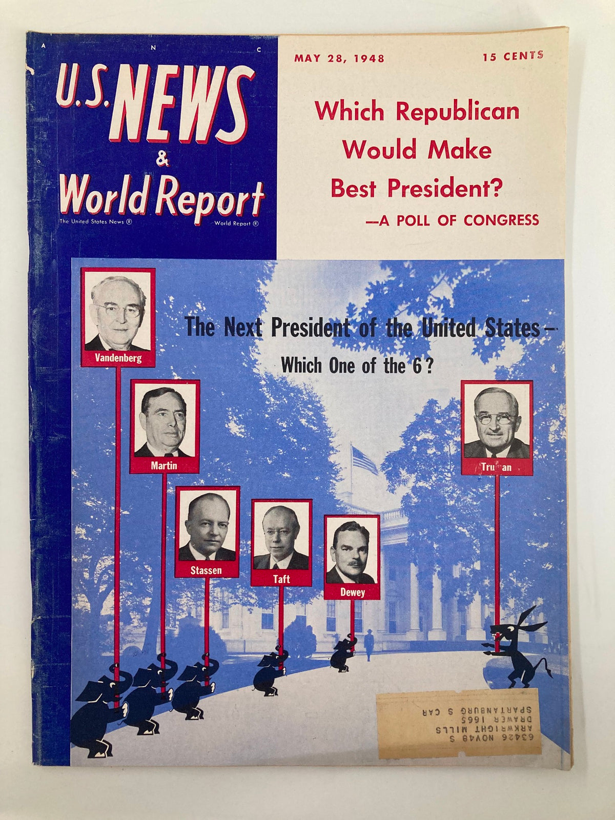 Cover of US News & World Report Magazine dated May 28, 1948, featuring the question 'Which Republican Would Make Best President?' along with portraits of six Republican candidates and the tagline 'A Poll of Congress'.