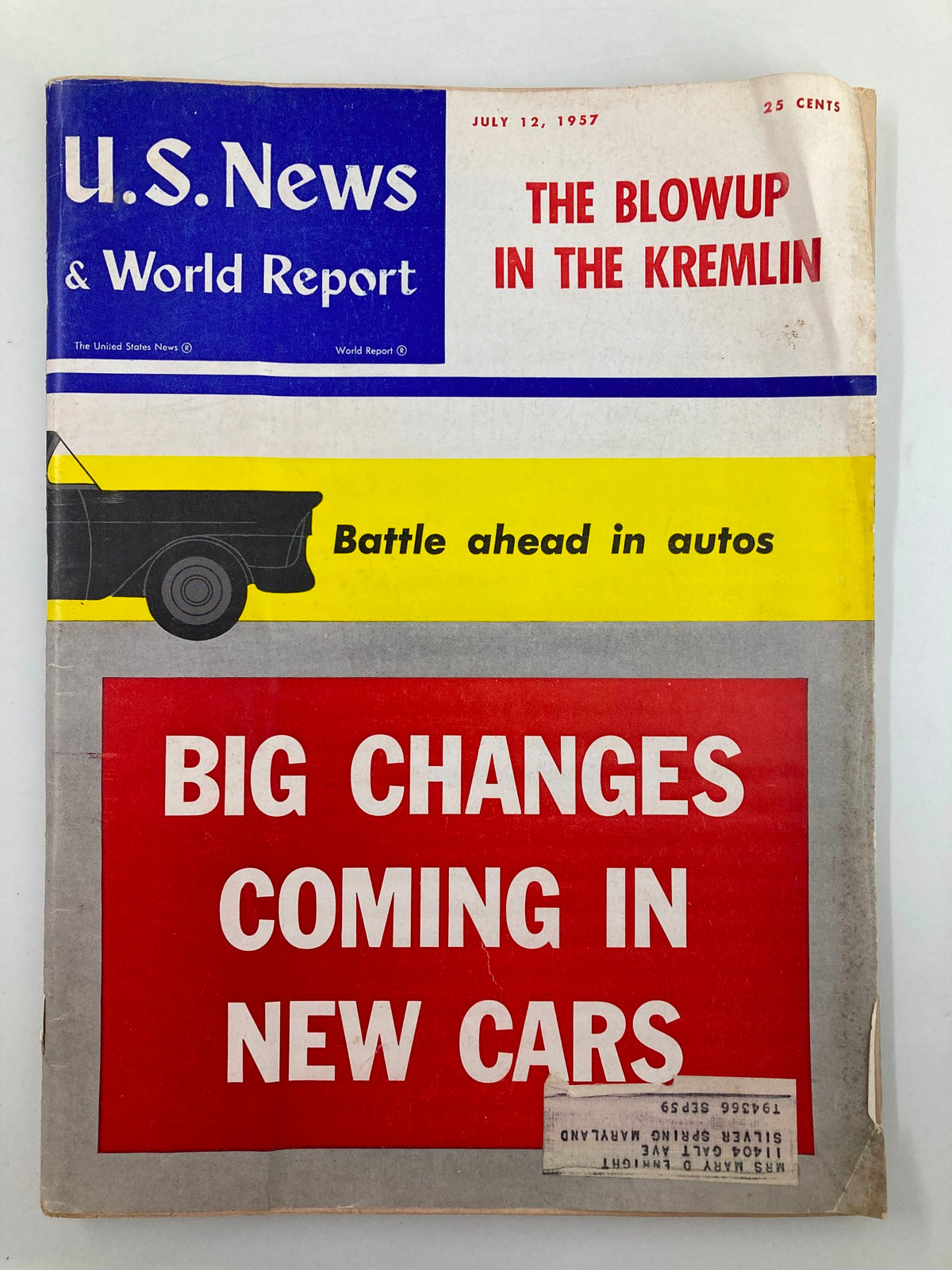 Cover of US News & World Report Magazine from July 12, 1957, featuring the headline 'The Blowup in The Kremlin' with a bold red design and an article teaser about new cars.