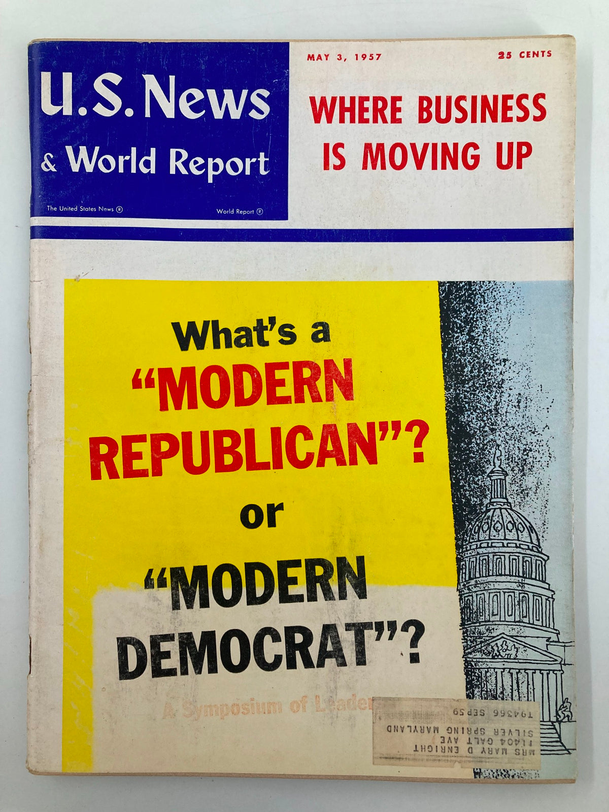 Cover of US News & World Report Magazine dated May 3, 1957, featuring the title 'What's a "MODERN REPUBLICAN"? or "MODERN DEMOCRAT"?' with a visual representation of the U.S. Capitol.