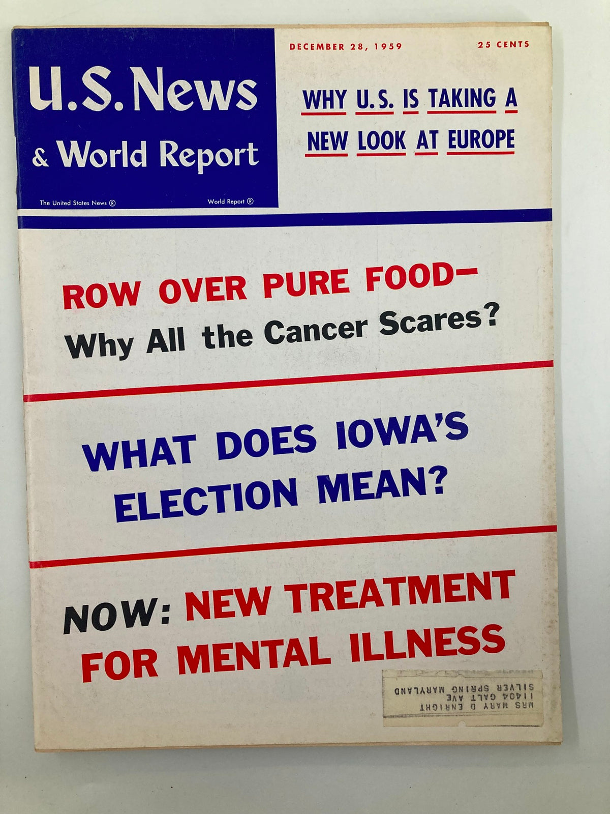 Cover of US News & World Report Magazine dated December 28, 1959, featuring the title 'Why All The Cancer Scares?' along with headlines on food purity, Iowa elections, and mental illness treatment.