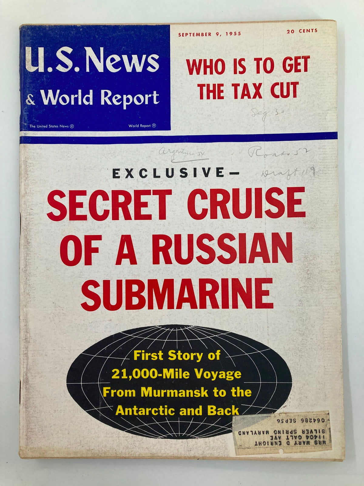 Cover of US News & World Report Magazine from September 9, 1955, featuring the headline 'SECRET CRUISE OF A RUSSIAN SUBMARINE,' showcasing historical military insights.