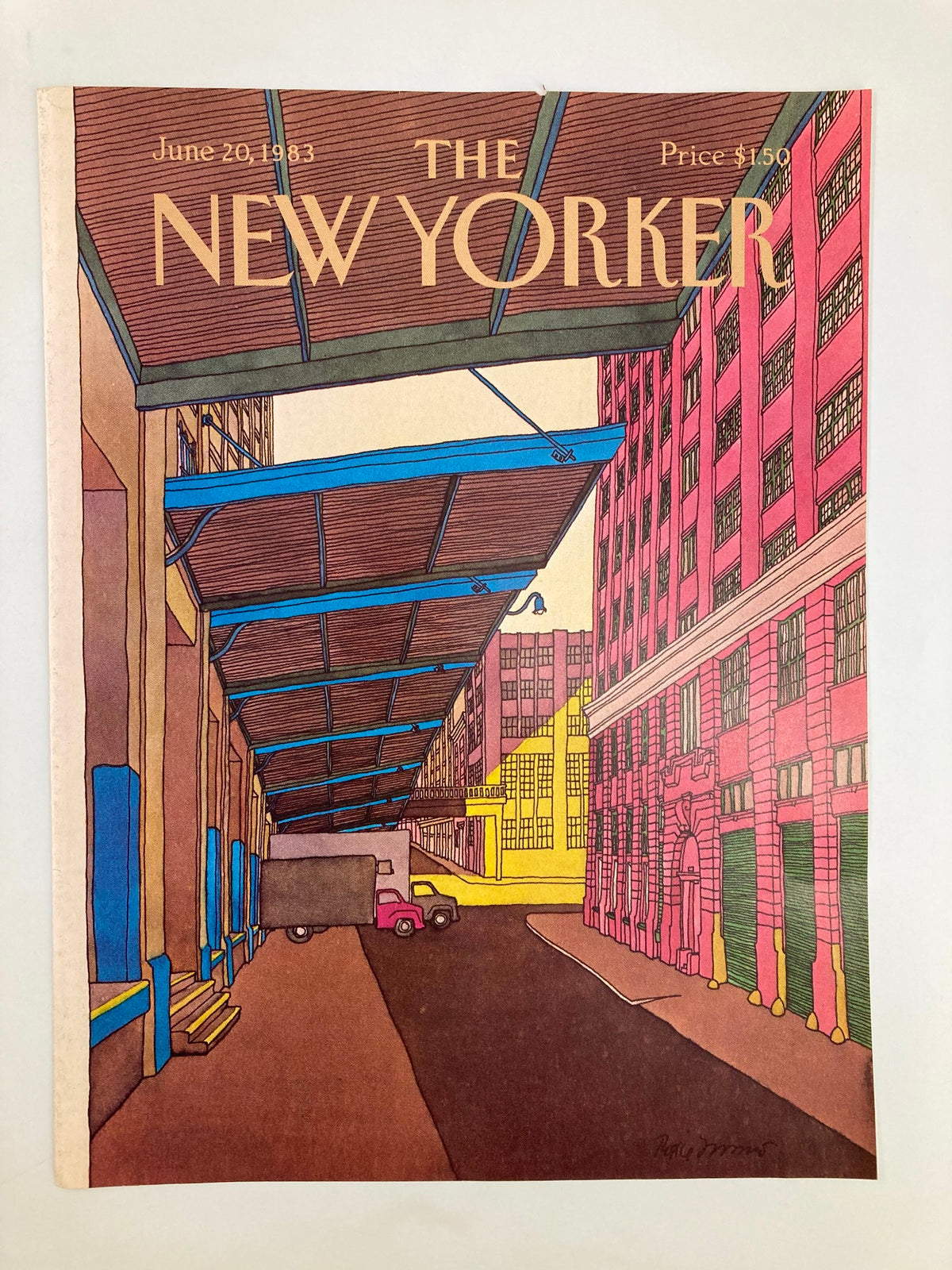 Cover of The New Yorker June 20, 1983, depicting a detailed illustration of a warehouse delivery truck by Roxie Munro, set against a backdrop of colorful buildings and urban architecture.