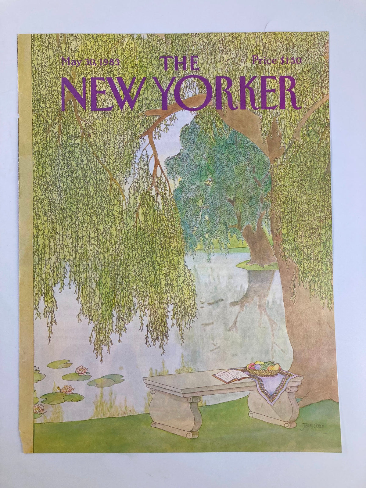 Cover image of The New Yorker May 30, 1983, depicting 'Picnic by the Lake' by Jenni Oliver, showcasing a peaceful scene with water lilies and a picnic setup.