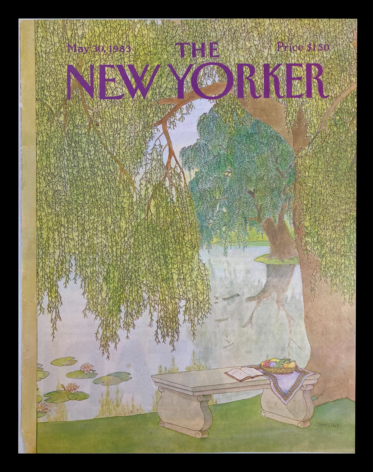 Cover of The New Yorker May 30, 1983, titled 'Picnic by the Lake' by Jenni Oliver, featuring a serene landscape with a willow tree and a bench by the water, priced at $1.50.