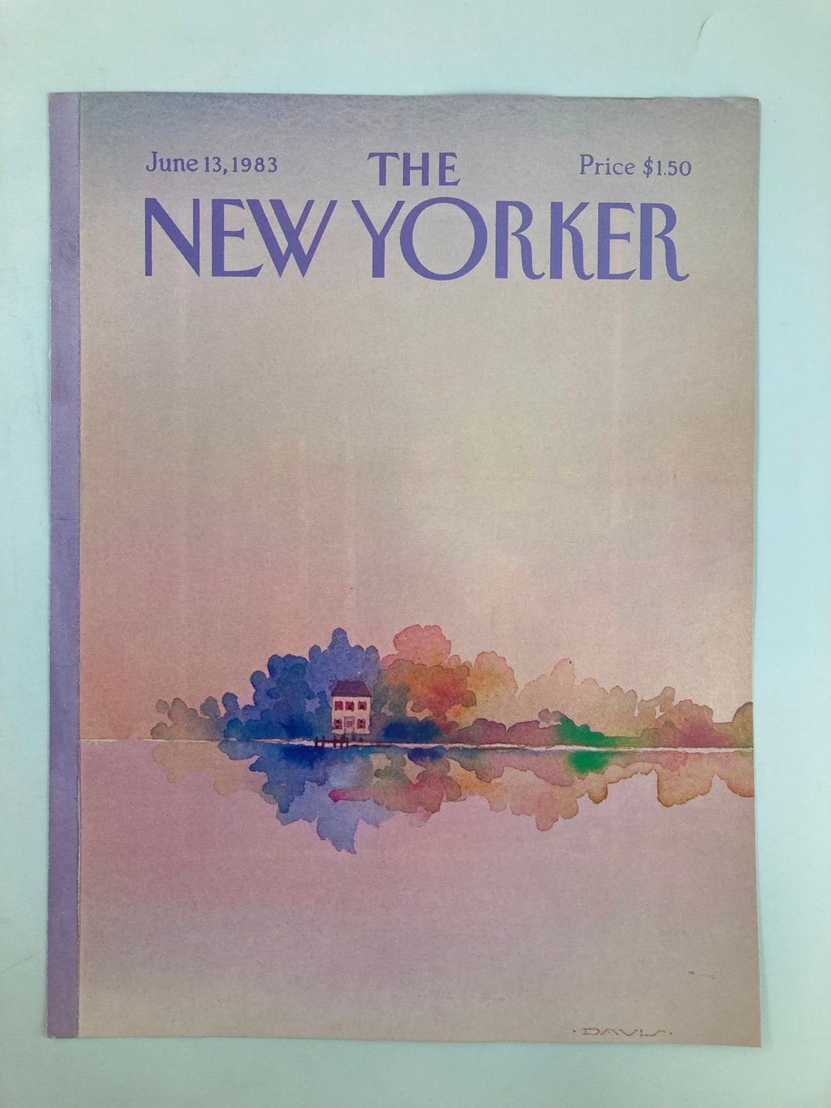 The New Yorker June 13 1983 cover art 'Reflection' by Susan Davis, depicting a serene watercolor scene with a house and colorful foliage reflected in water, capturing a nostalgic moment.