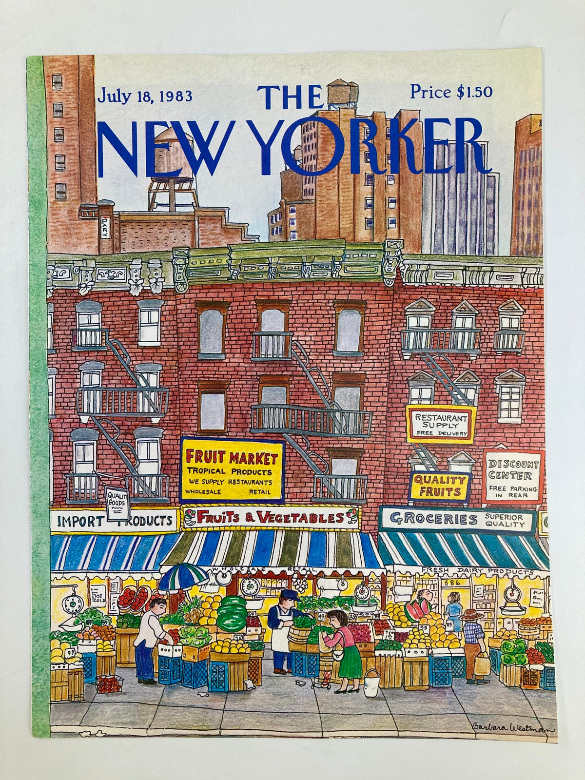 The New Yorker cover from July 18, 1983, illustrated by Barbara Westman, depicts a lively fruit market with colorful displays of tropical products and groceries.