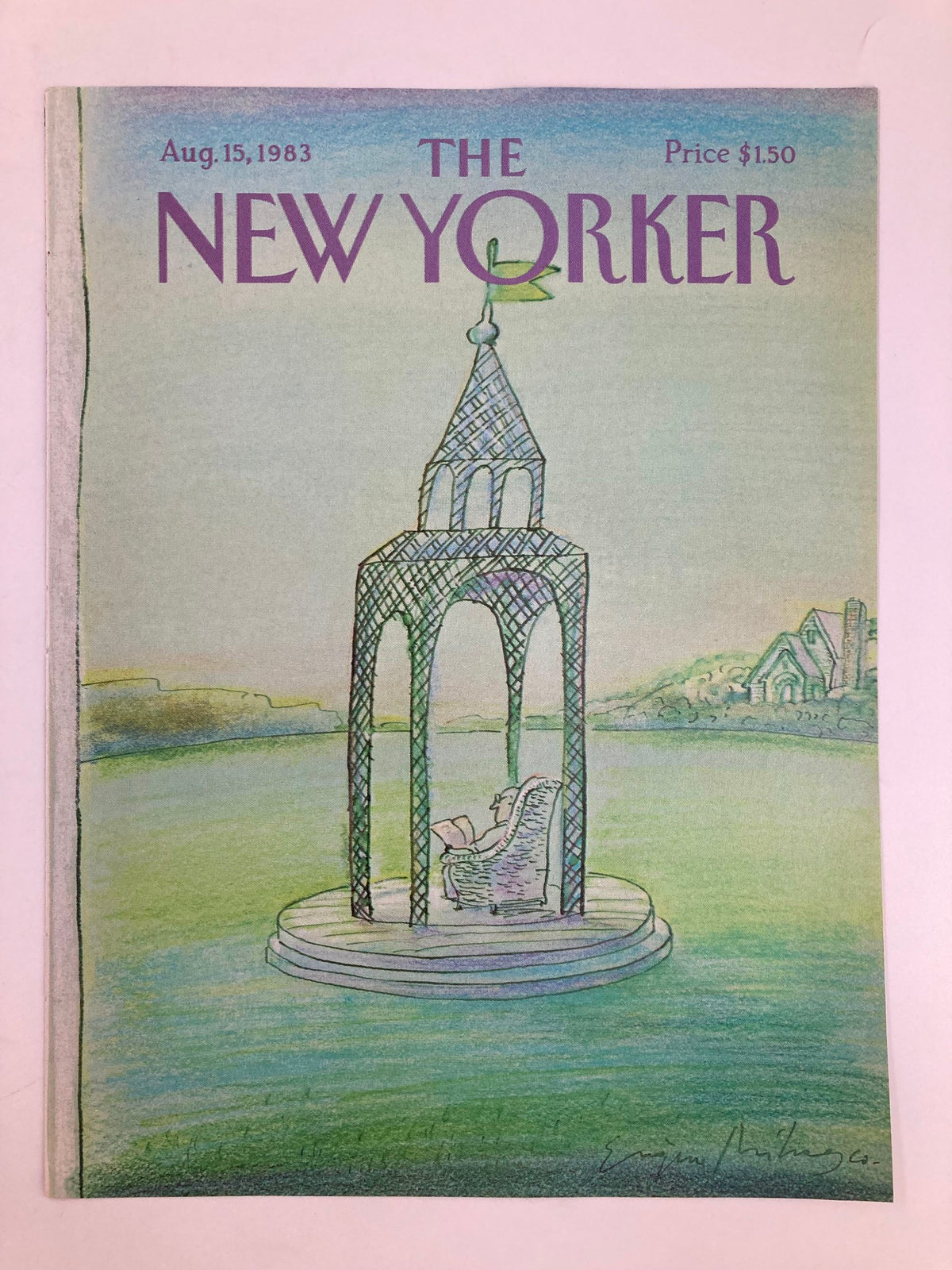 Cover of The New Yorker dated August 15, 1983, showcasing 'The Gazebo' by Eugene Mihaesco, illustrating an elegant gazebo with water and landscape in the background, perfect for art collectors.