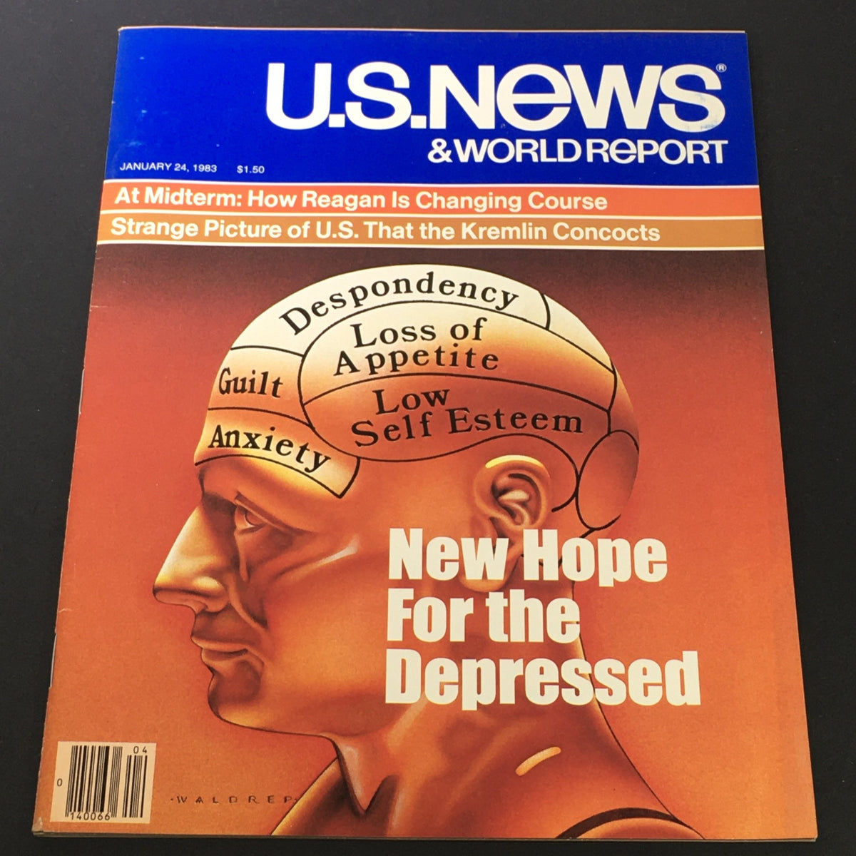 Vintage U.S. News & World Report magazine from January 24, 1983, featuring the cover story 'New Hope for the Depressed' with an illustration detailing aspects of mental health such as Anxiety, Guilt, and Low Self Esteem.