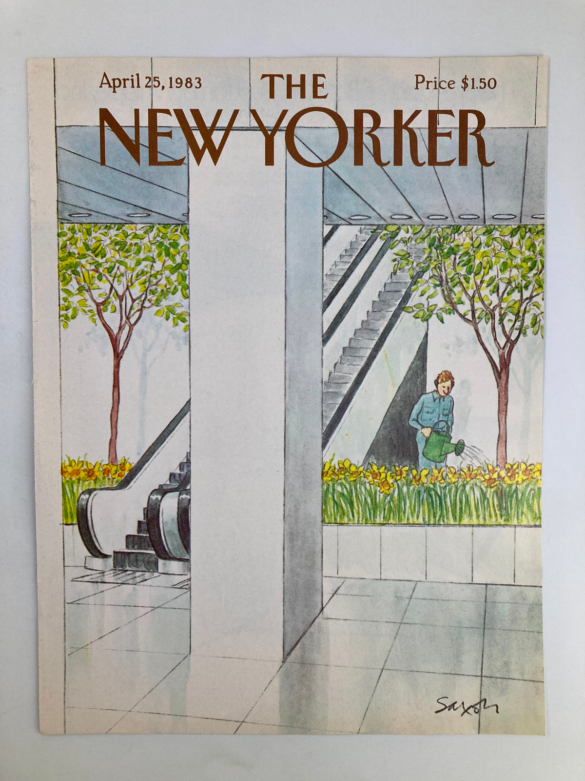 COVER ONLY The New Yorker April 25 1983 Watering Plants by Charles Saxon depicting a calm scene of a man watering plants in a contemporary setting with flowers and escalators.