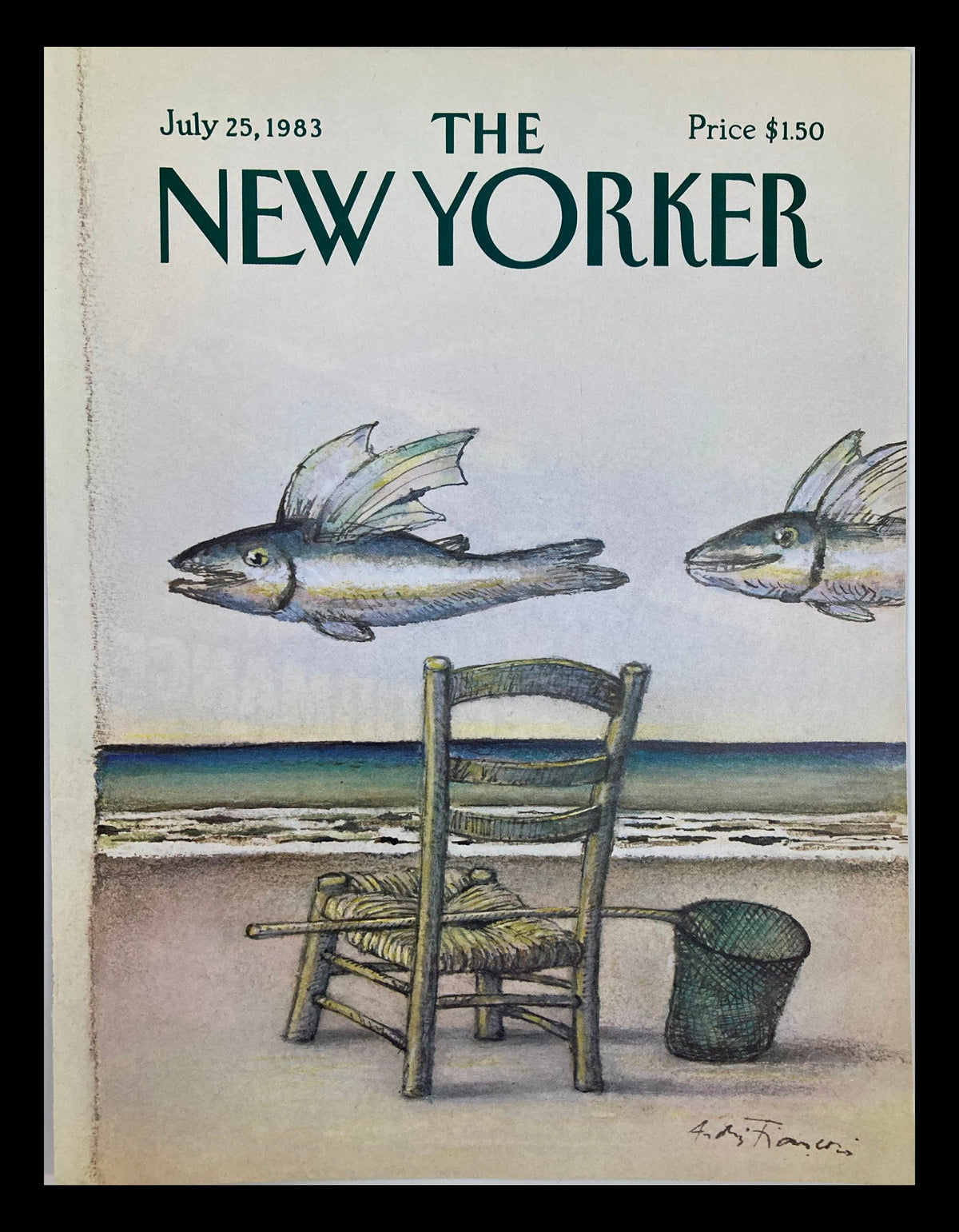 Cover of The New Yorker magazine dated July 25, 1983 featuring artwork of flying fish and a wooden chair on the beach by Andre Francois, priced at $1.50.
