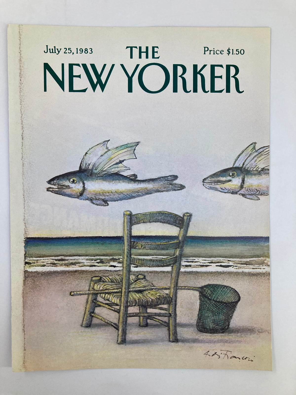 Cover of The New Yorker magazine from July 25, 1983, showcasing an illustration of flying fish above a beach scene with a chair and a bucket, created by Andre Francois, retailing for $1.50.
