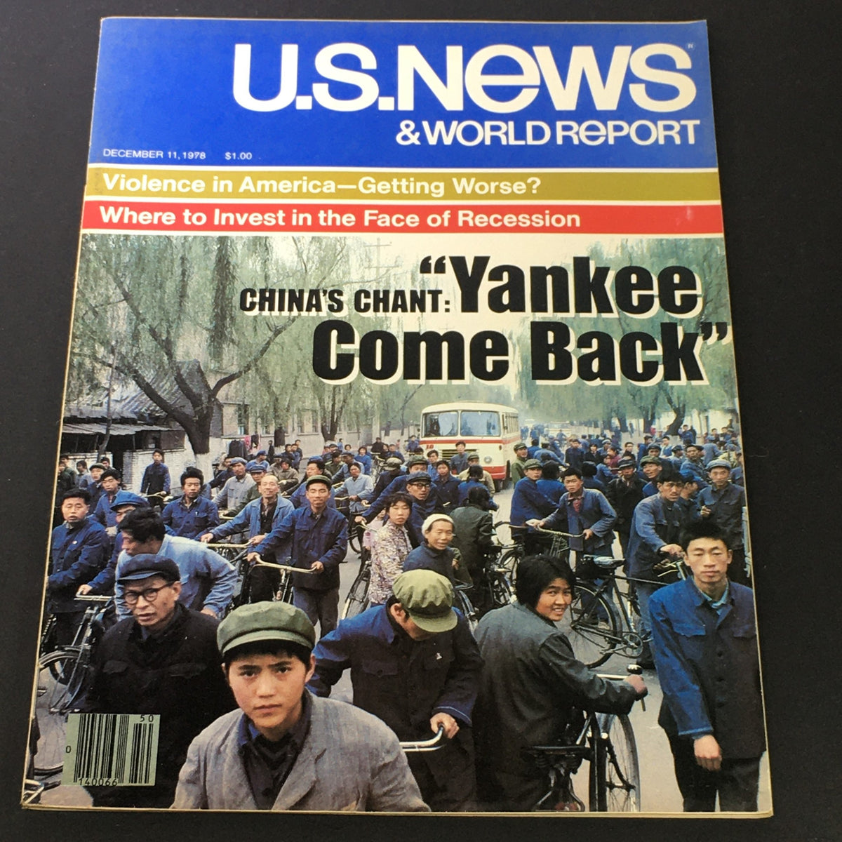 Cover of U.S. News & World Report December 11, 1978, featuring a vibrant crowd scene with bicycles, addressing themes of violence in America and investment strategies during recession. Original vintage magazine highlighting historical economic insights.