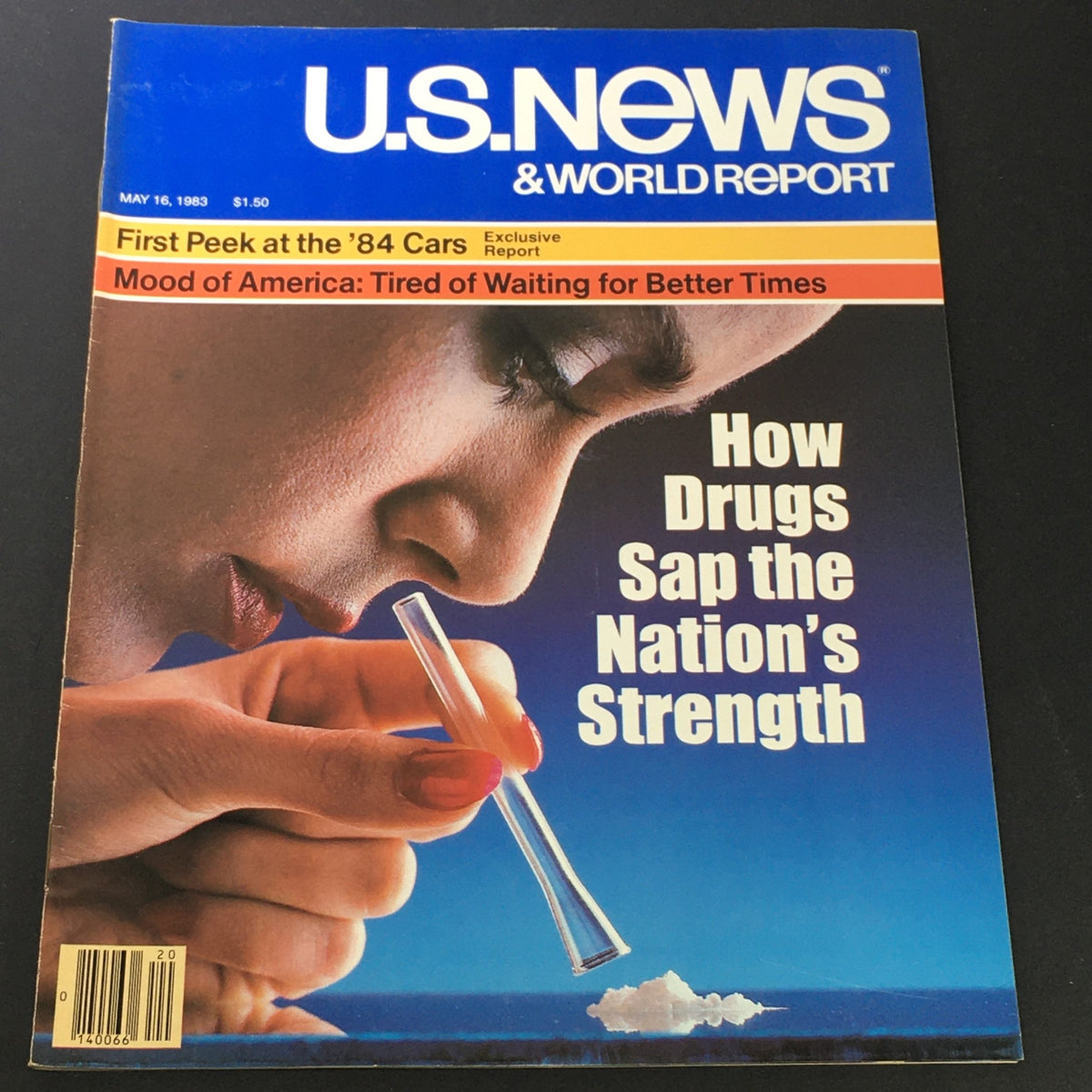Cover image of the U.S. News & World Report magazine from May 16, 1983, featuring the title 'First Peek at the 1984 Cars' and an article headline 'How Drugs Sap the Nation's Strength.' The cover showcases a woman using a glass tube, hinting at the magazine's focus on social issues and automotive trends of the early 1980s.