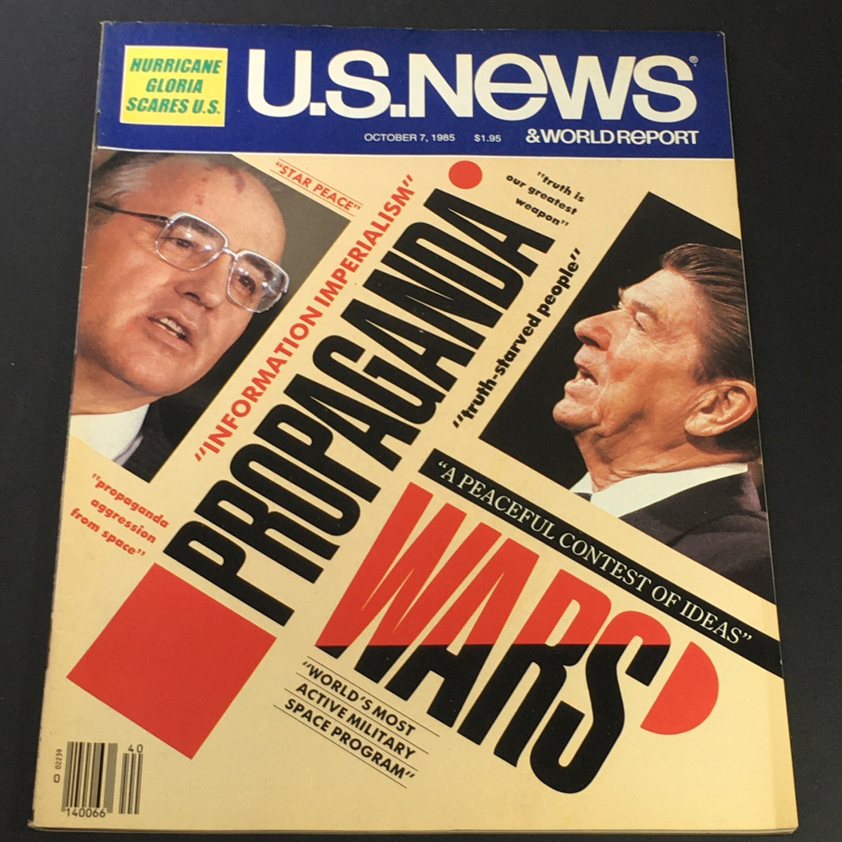 Vintage U.S. News & World Report magazine cover dated October 7, 1985, featuring Gerald Ford and Mikhail Gorbachev, with a bold headline indicating 'PROPAGANDA WARS'. The cover highlights themes of Cold War dynamics and political ideologies.