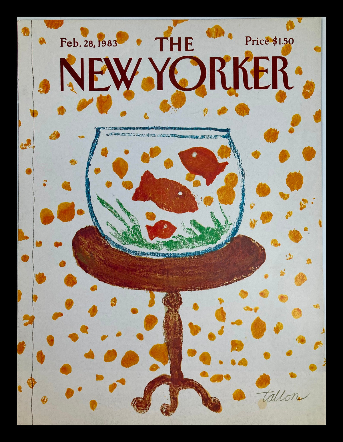 COVER ONLY The New Yorker February 28 1983 Goldfish Bowl by Joseph Tallon featuring a fishbowl with goldfish on a table against a speckled background.