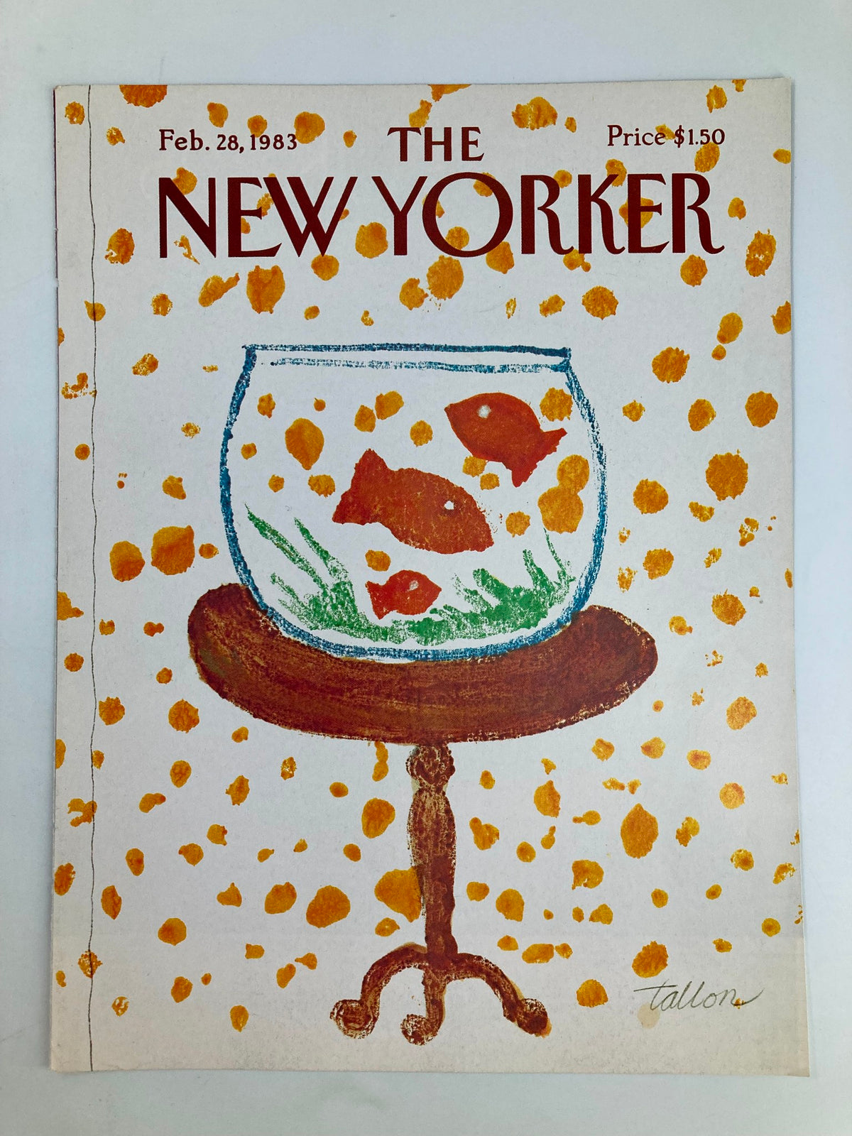 COVER ONLY The New Yorker February 28 1983 Goldfish Bowl by Joseph Tallon showcasing a colorful illustration of a fishbowl with goldfish on a table, with a playful background design.