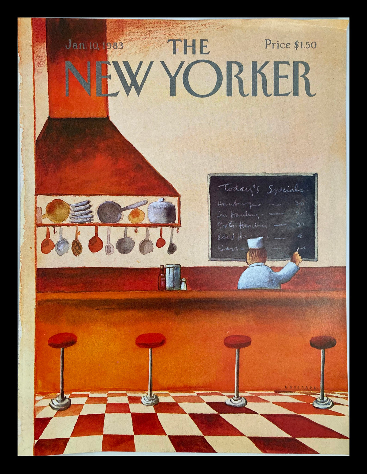 Cover of The New Yorker dated January 10, 1983, featuring the illustration 'Today's Specials' by Abel Quezada, depicting a vibrant restaurant scene with a chef writing on a chalkboard and colorful bar stools.