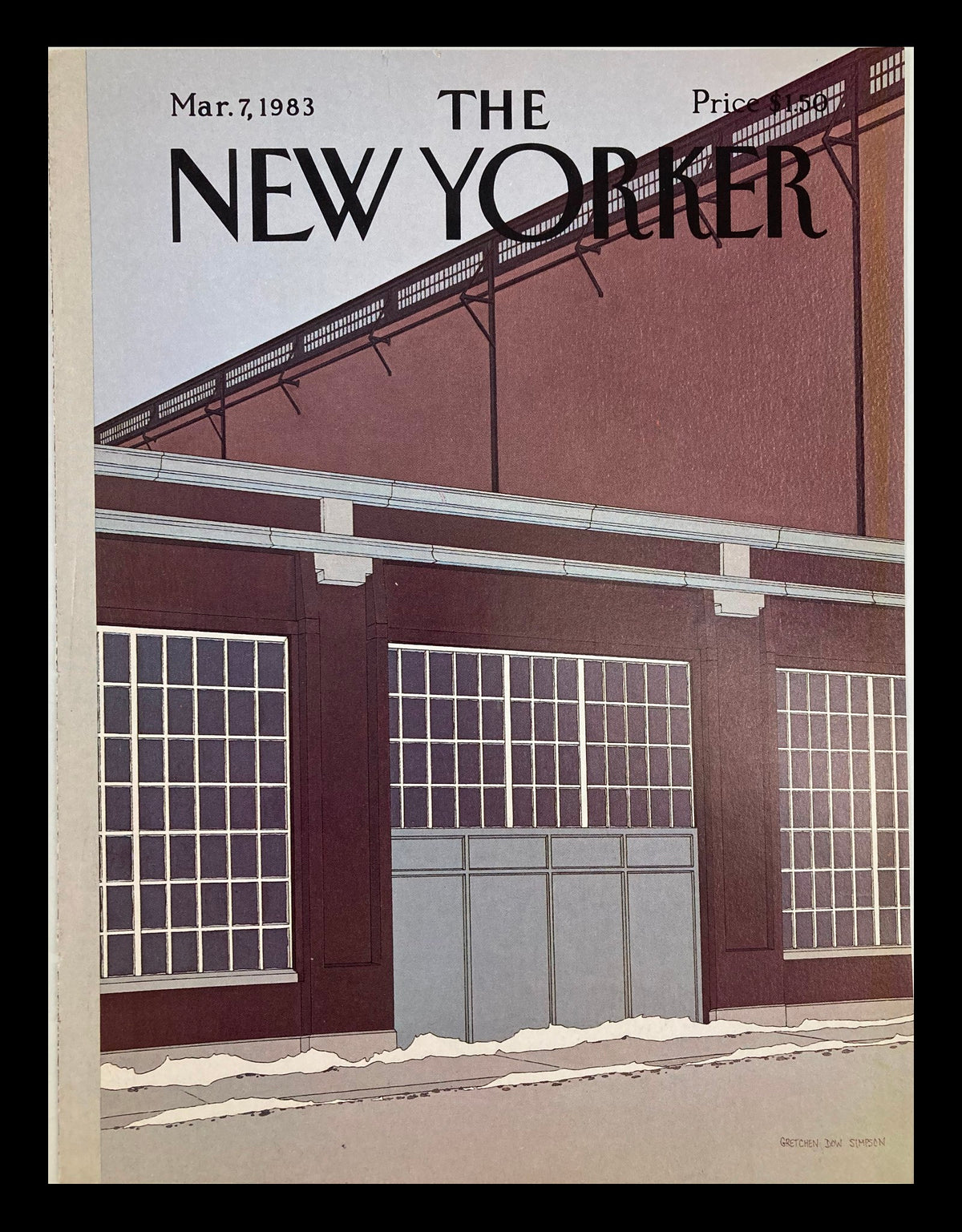 Vintage cover of The New Yorker dated March 7, 1983, designed by Gretchen Dow Simpson, featuring a warehouse door illustration.