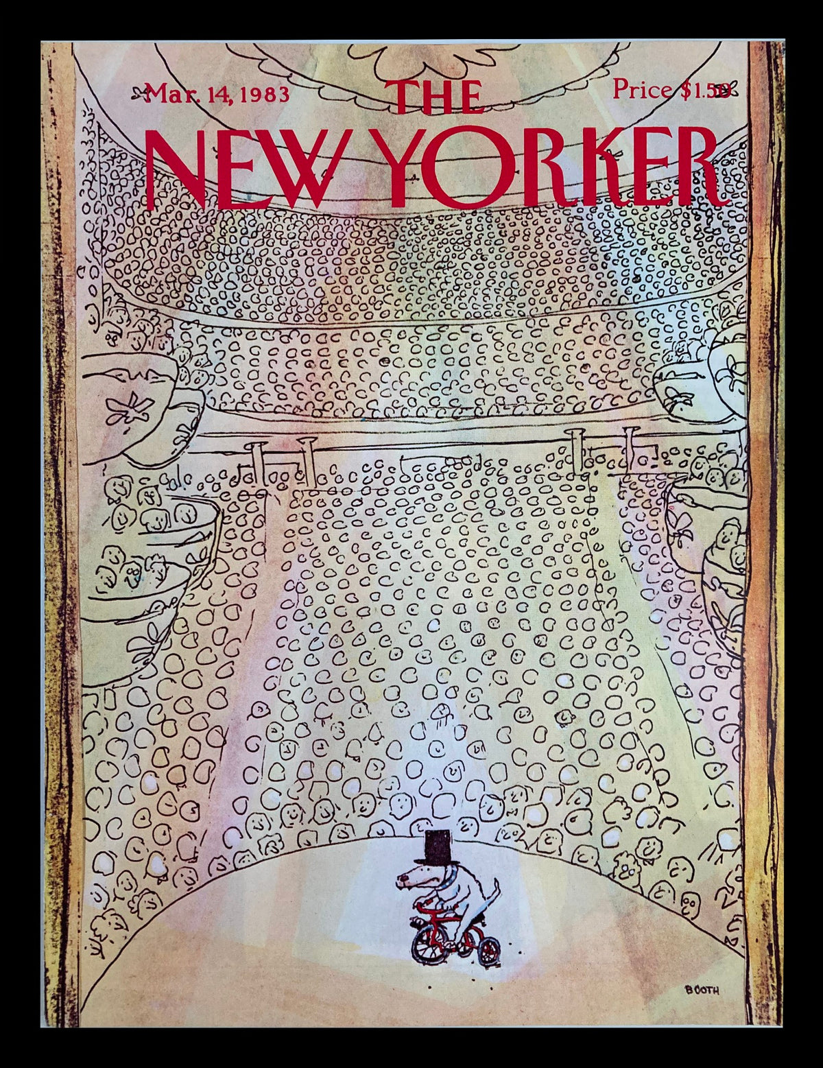 Cover art of The New Yorker March 14, 1983 featuring a whimsical illustration of a dog riding a bicycle, created by Charles Booth.