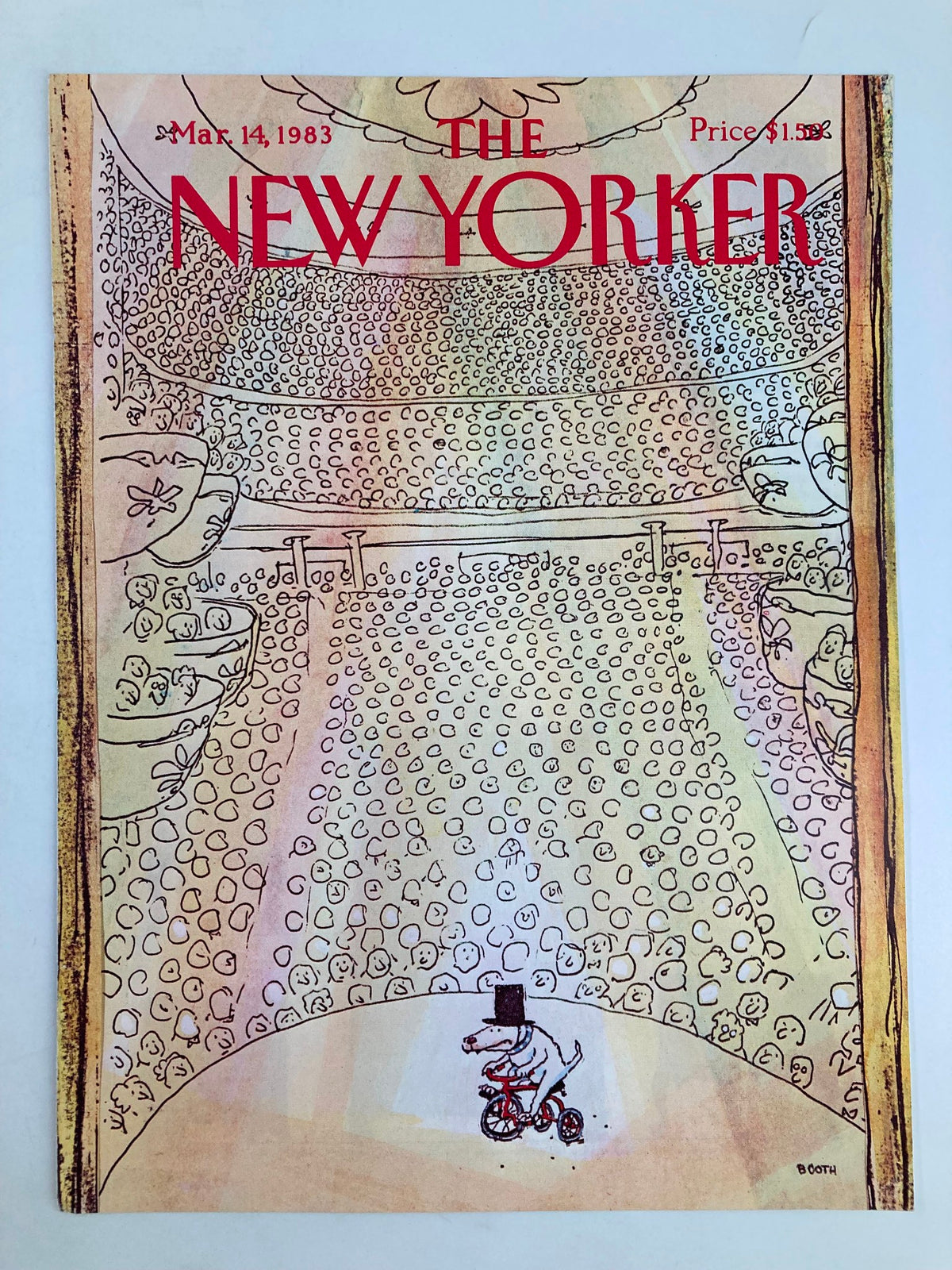 Vintage cover of The New Yorker dated March 14, 1983 showing a charming depiction of a dog on a bike, illustrated by Charles Booth.