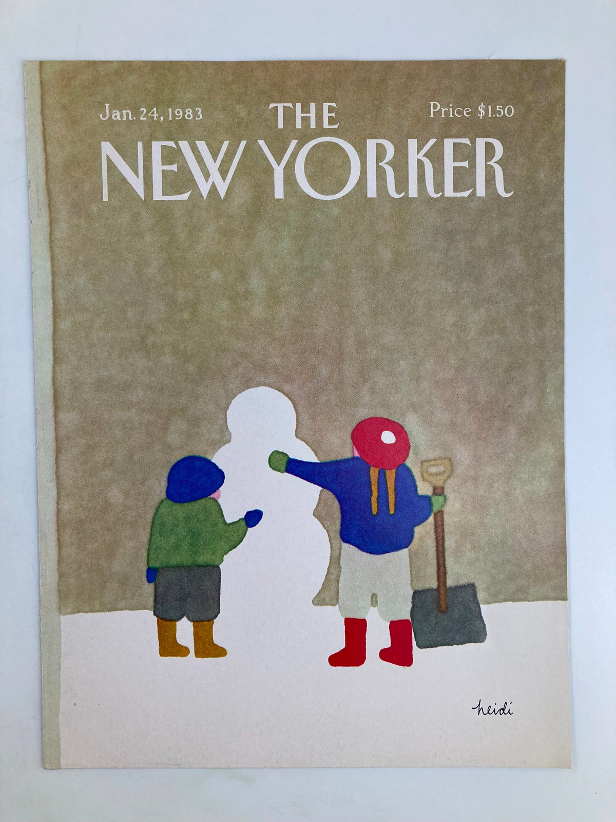 Cover of The New Yorker January 24 1983 titled 'Building Snowman' by Heidi Goennel, illustrating two children in winter attire with a snowman.
