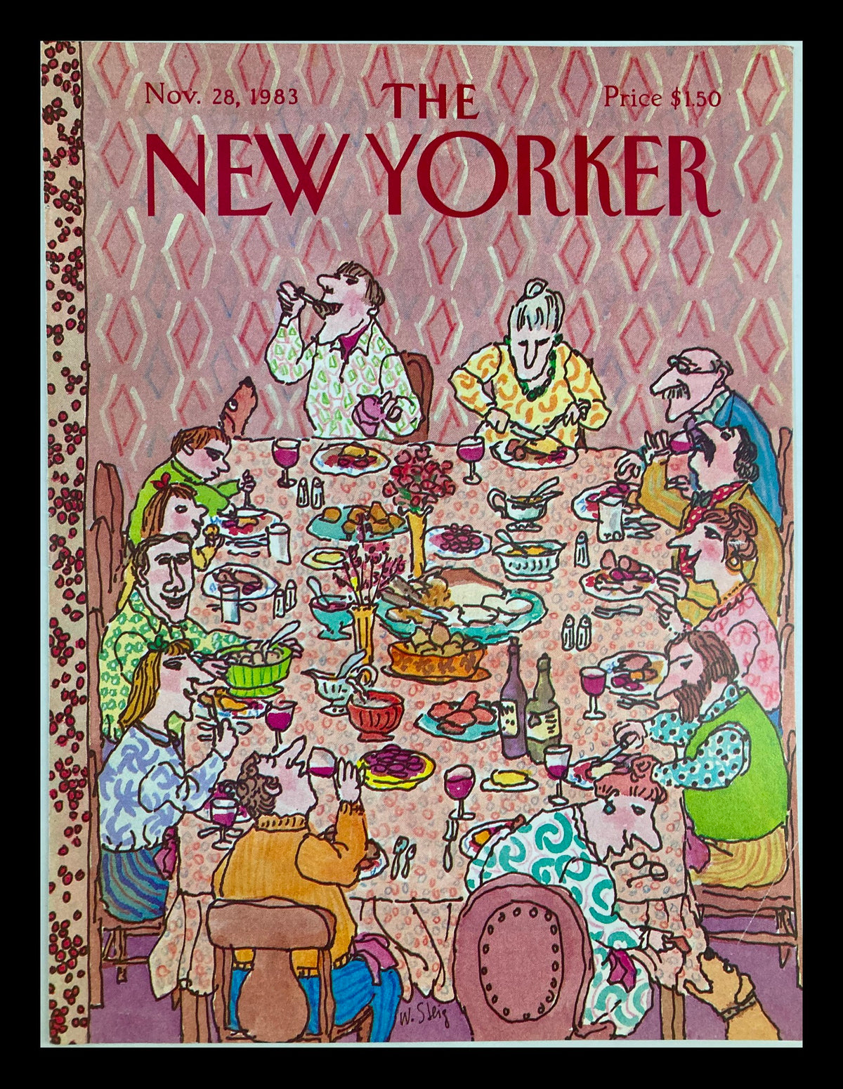 Cover of The New Yorker from November 28, 1983, featuring the whimsical illustration titled "A Dinner Supper" by William Steig, depicting a lively dinner scene with guests enjoying a meal around a richly adorned table.