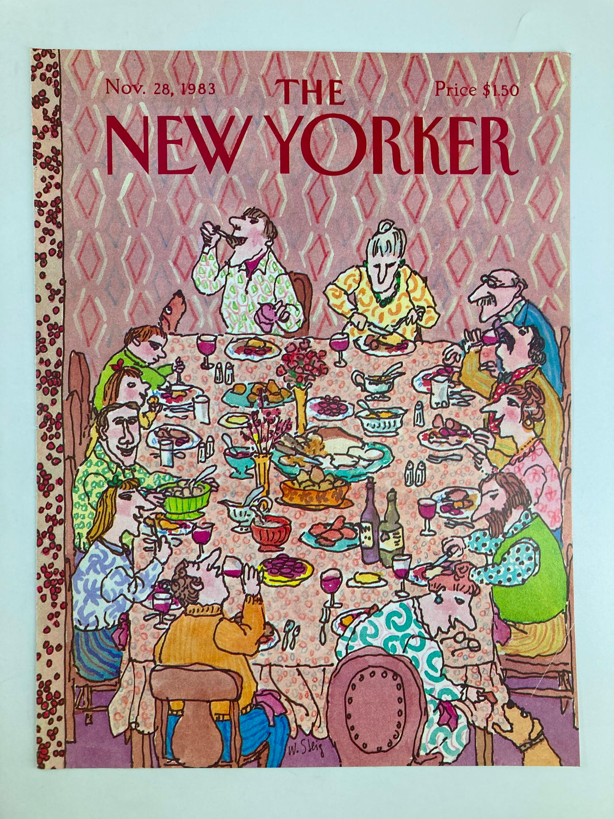 Cover of The New Yorker, November 28, 1983, featuring the illustration "A Dinner Supper" by William Steig, depicting a lively dining scene with guests enjoying a meal around a table.