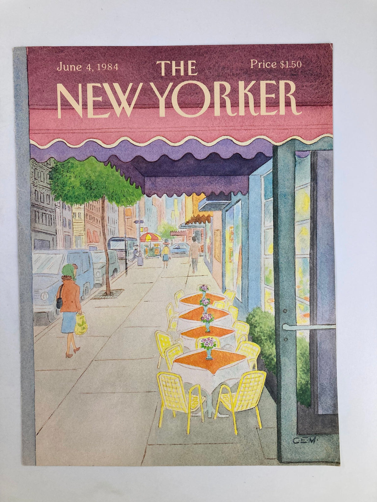 The New Yorker magazine cover from June 4, 1984, designed by Charles E. Martin, depicting a charming sidewalk cafe with colorful tables and a glimpse of city life.