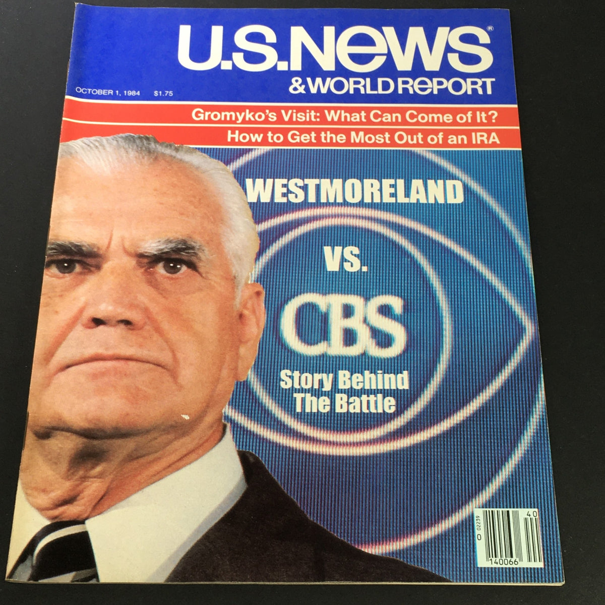Cover of the U.S. News & World Report dated October 1, 1984, featuring the title 'William Westmoreland vs CBS: Story Behind The Battle'. The cover highlights the tension between the military and media during the Vietnam War, illustrated with an image of General Westmoreland.