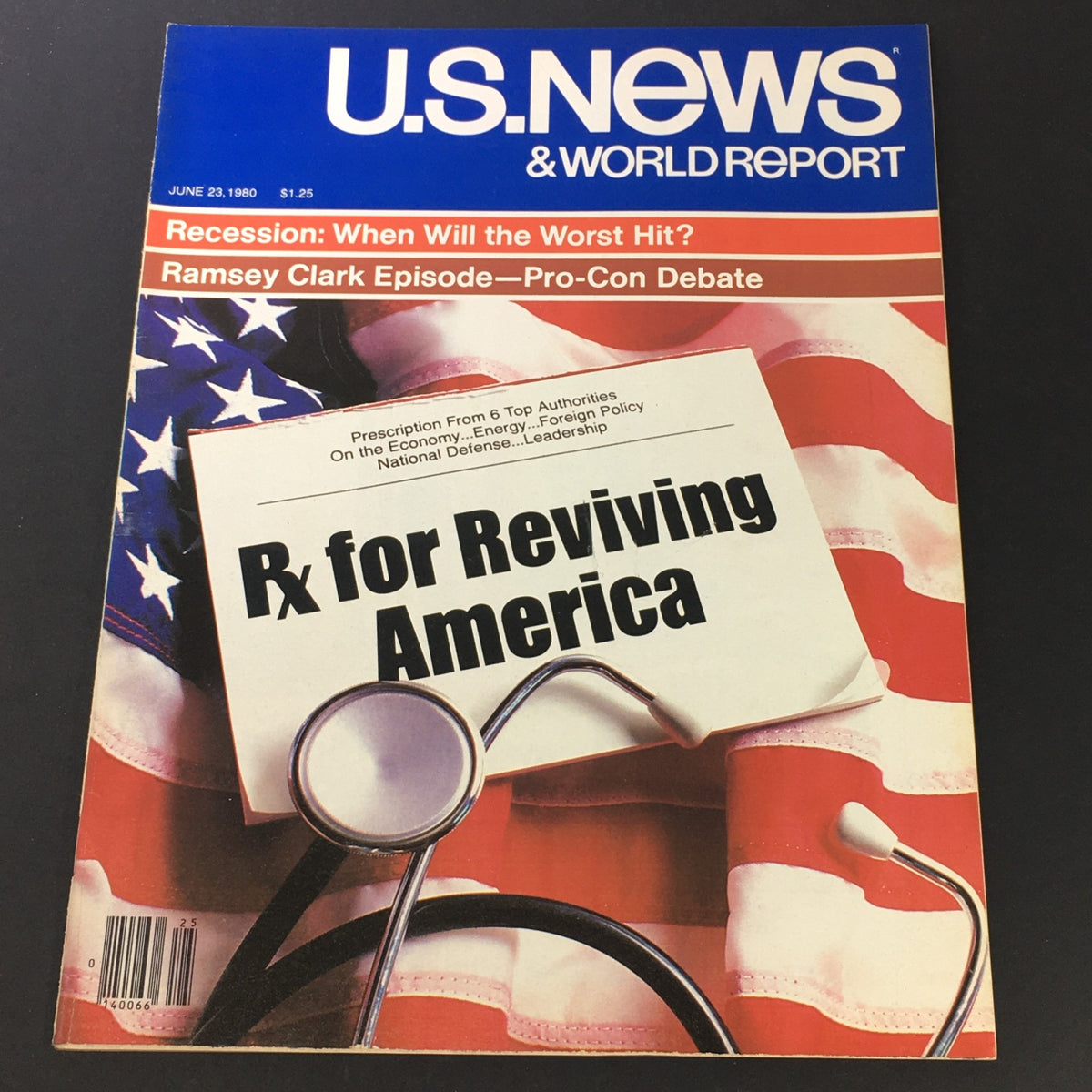 U.S. News & World Report magazine cover from June 23, 1980, featuring the title 'Rx for Reviving America' and highlights on the Ramsey Clark episode and economic recession topics.