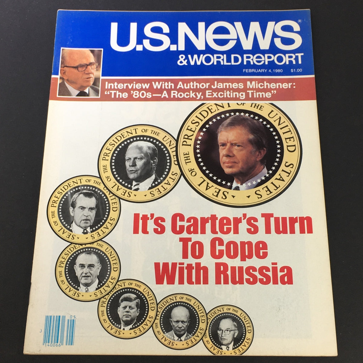 VTG U.S. News & World Report February 4 1980 magazine cover featuring Jimmy Carter and Richard Nixon, showcasing presidential seals and the title 'It's Carter's Turn To Cope With Russia'.