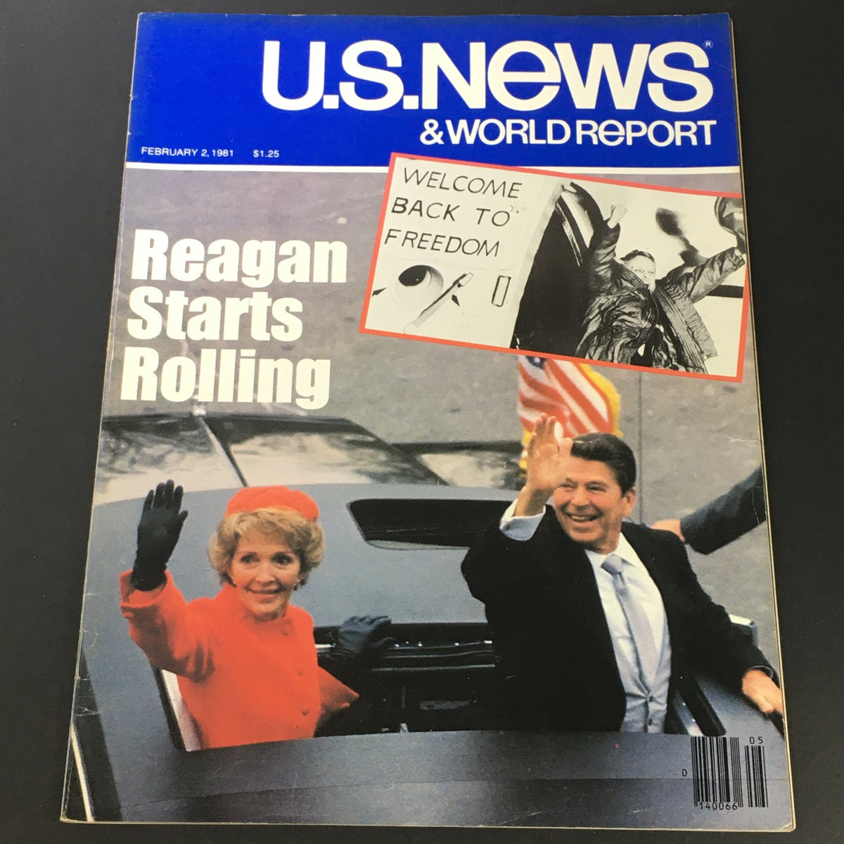 Cover of VTG US News & World Report from February 2, 1981, featuring Ronald Reagan and Nancy Reagan waving from a car, with text 'Reagan Starts Rolling' and an image of a welcome sign.