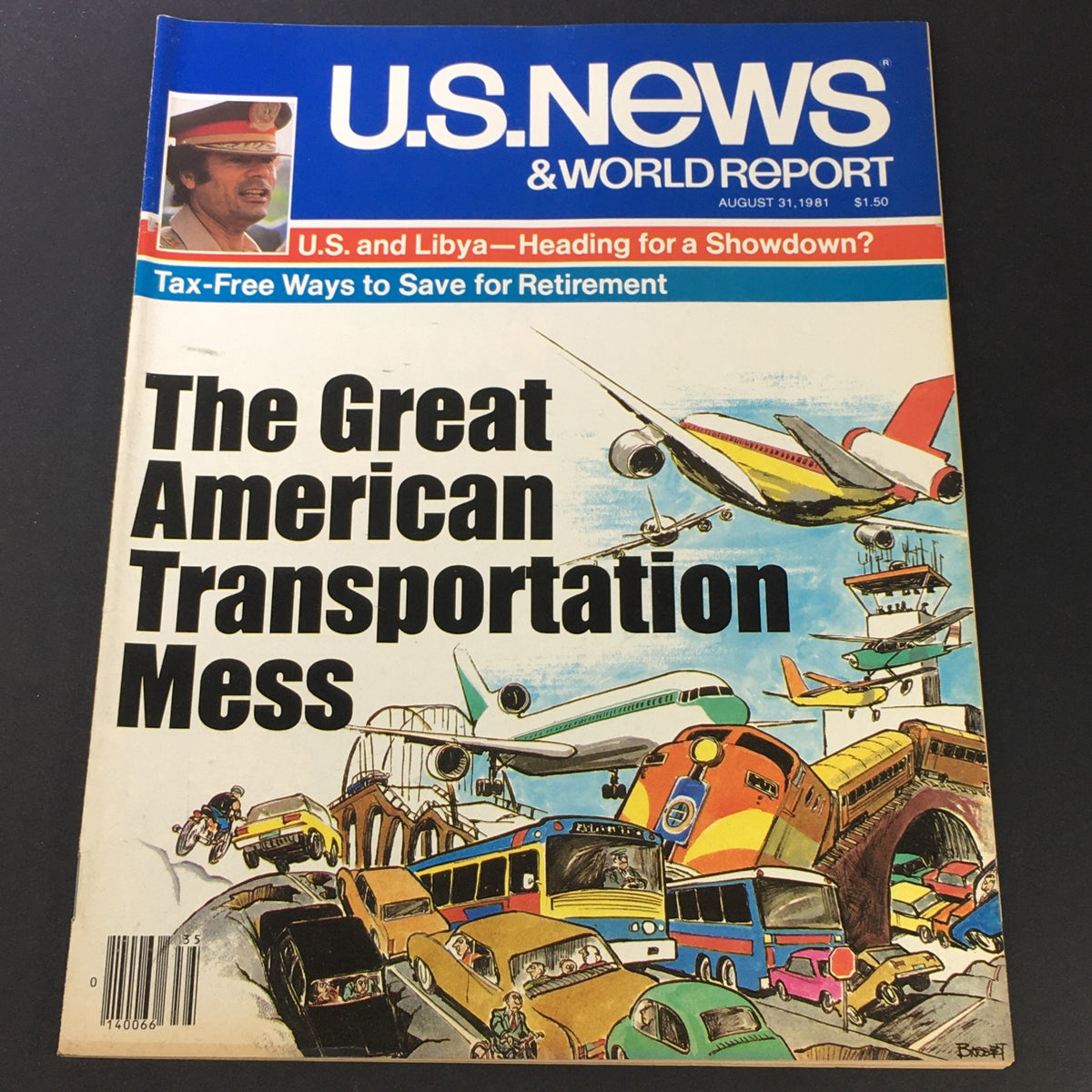 Cover of the vintage US News & World Report magazine from August 31, 1981, featuring the title 'The Great American Transportation Mess' with illustrations of various modes of transportation including cars, trains, and airplanes.