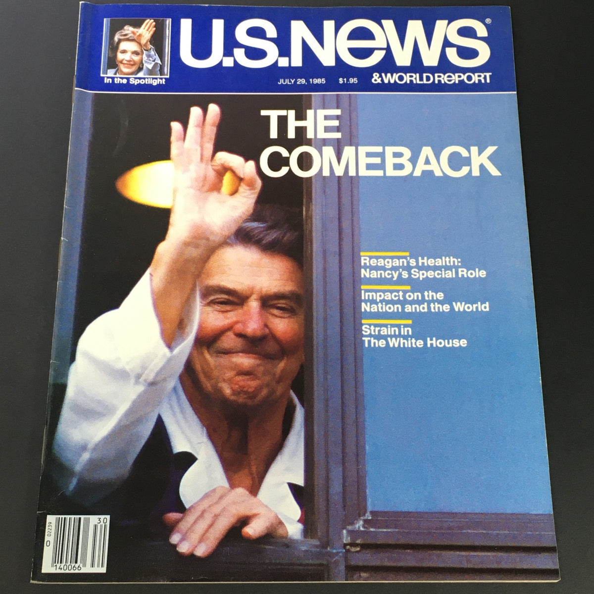 Cover of the vintage magazine 'US News & World Report' from July 29, 1985, featuring Ronald Reagan with the headline 'The Comeback' discussing his health and political resilience.