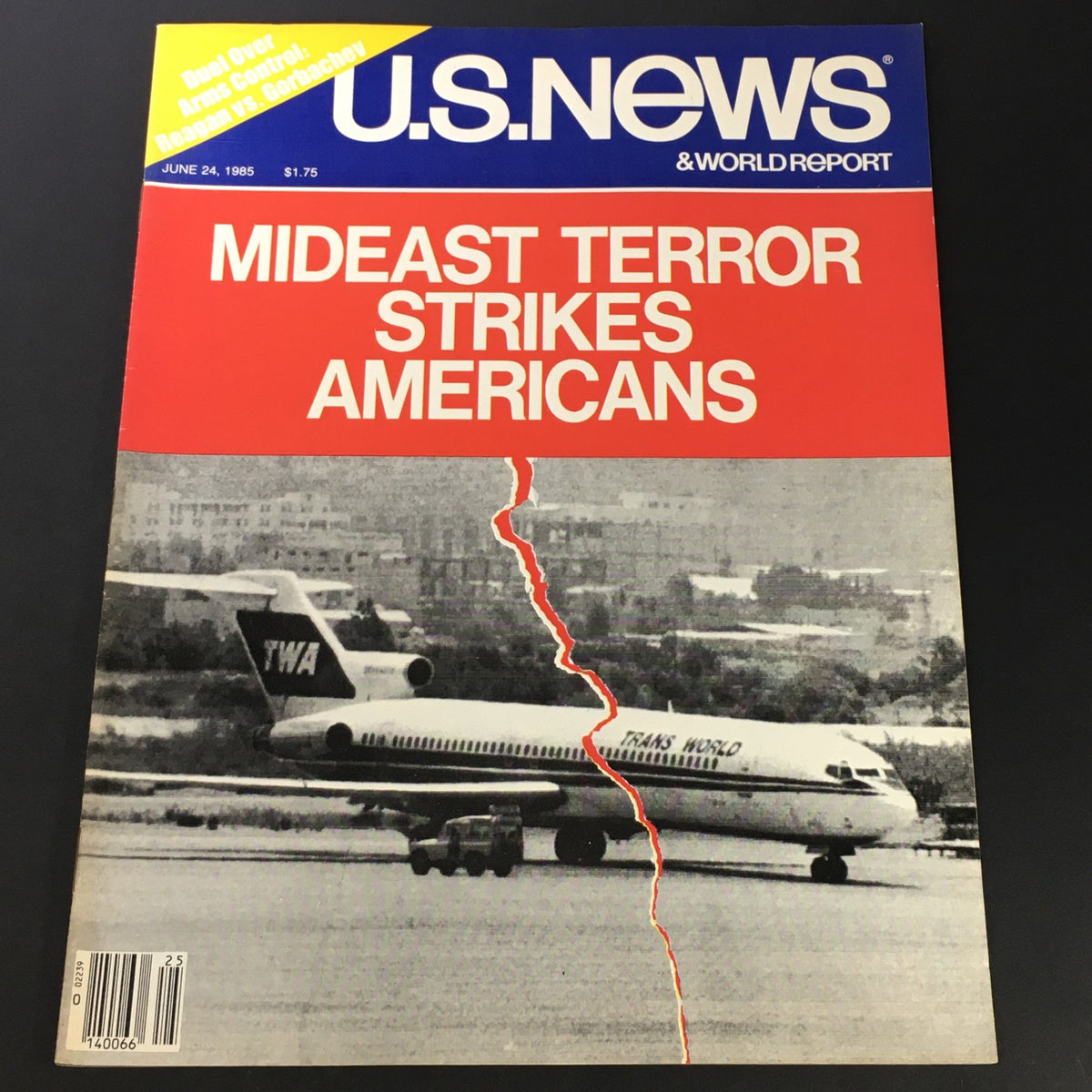 Vintage U.S. News & World Report magazine cover from June 24, 1985, featuring the headline 'Mideast Terror Strikes Americans,' showcasing a stark design and a black-and-white photograph of an airplane, representing significant historical events related to terrorism in the Middle East.