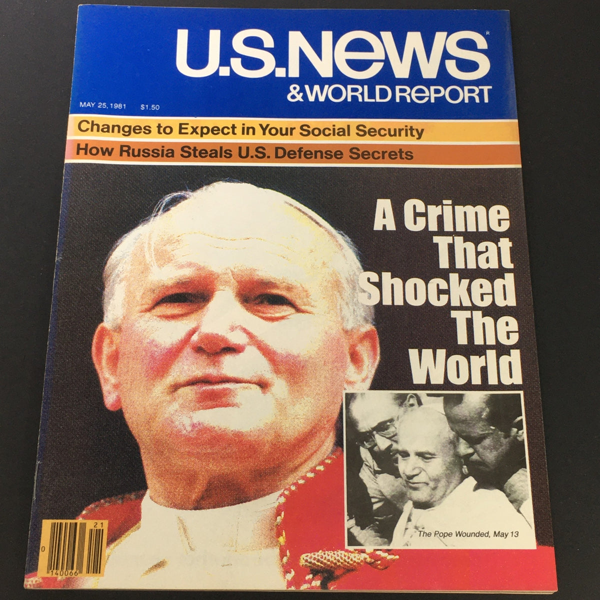 US News & World Report vintage magazine cover from May 25, 1981, featuring the title 'A Crime That Shocked The World' related to Pope John Paul II's attempted assassination, highlighting significant historical events.