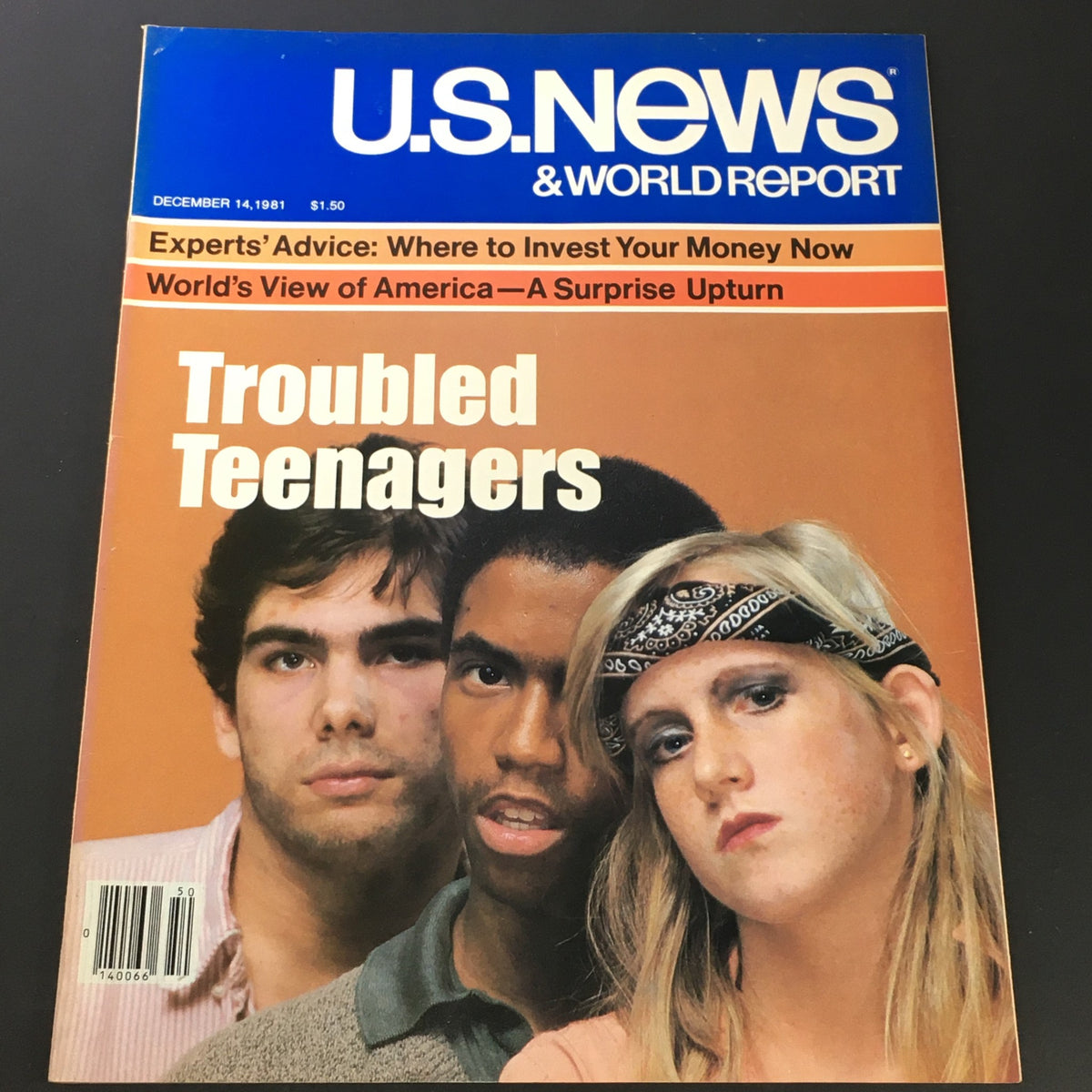 Cover of the VTG US News & World Report from December 14, 1981, featuring the headline 'Troubled Teenagers' with an article about expert advice on youth challenges, showcasing three teenagers portrait-style.