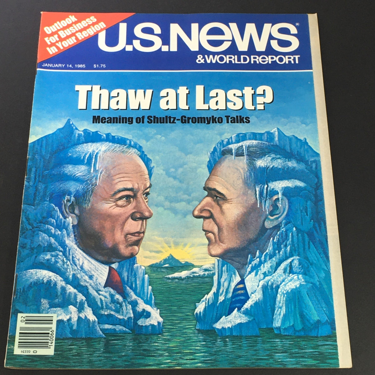 Vintage U.S. News & World Report magazine cover from January 14, 1985, featuring artwork depicting a face-off between George Shultz and Andrei Gromyko amidst icy landscapes, symbolizing U.S.-Soviet diplomatic relations.