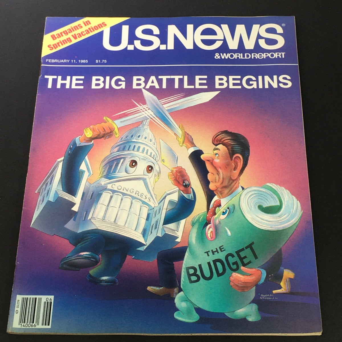 Cover of VTG US News & World Report from February 11, 1985, depicting a cartoon battle between Ronald Reagan and Congress over the budget, titled 'THE BIG BATTLE BEGINS'.