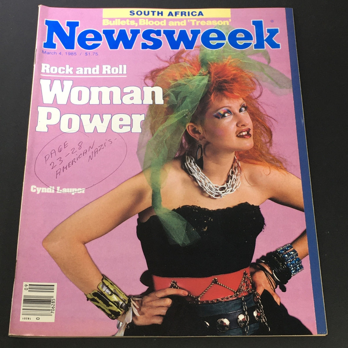 VTG Newsweek Magazine March 4 1985 featuring Cyndi Lauper on the cover, highlighting the theme 'Rock and Roll Woman Power' with vibrant colors and bold graphics.