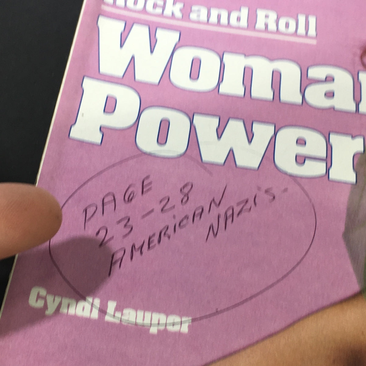 Close-up of the cover of VTG Newsweek Magazine March 4 1985, showing additional details such as handwritten notes and the title 'Woman Power' alongside Cyndi Lauper.
