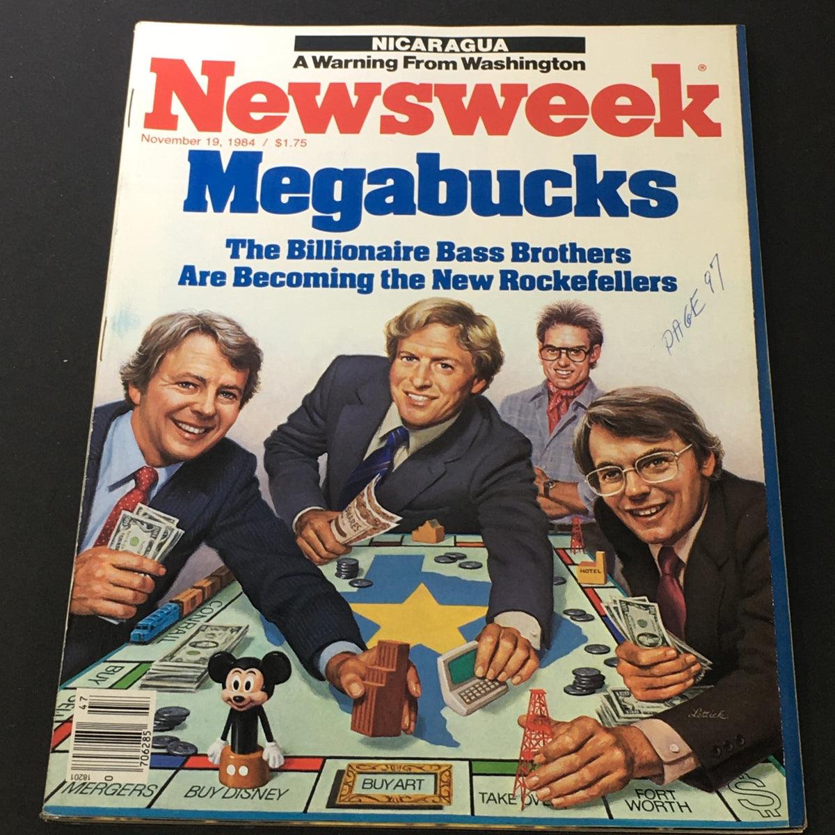Vintage Newsweek Magazine cover from November 19, 1984, featuring the title 'Megabucks' and the headline about the billionaire Bass Brothers. The cover showcases an illustration with characters holding money and a Monopoly-like game board.