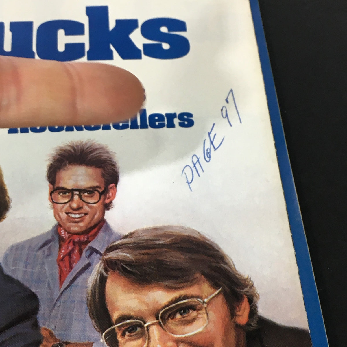 Close-up of the Vintage Newsweek Magazine cover from November 19, 1984, highlighting the title 'Megabucks' and showcasing a handwritten note that says 'PAGE 97'.