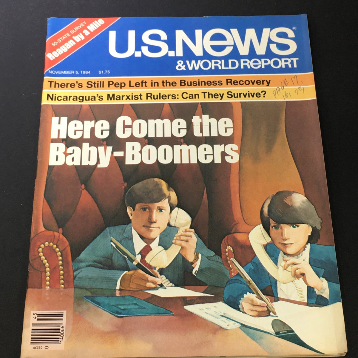 Cover of VTG US News & World Report from November 5, 1984, titled 'Here Come the Baby-Boomers,' featuring two individuals on phones with a colorful background.