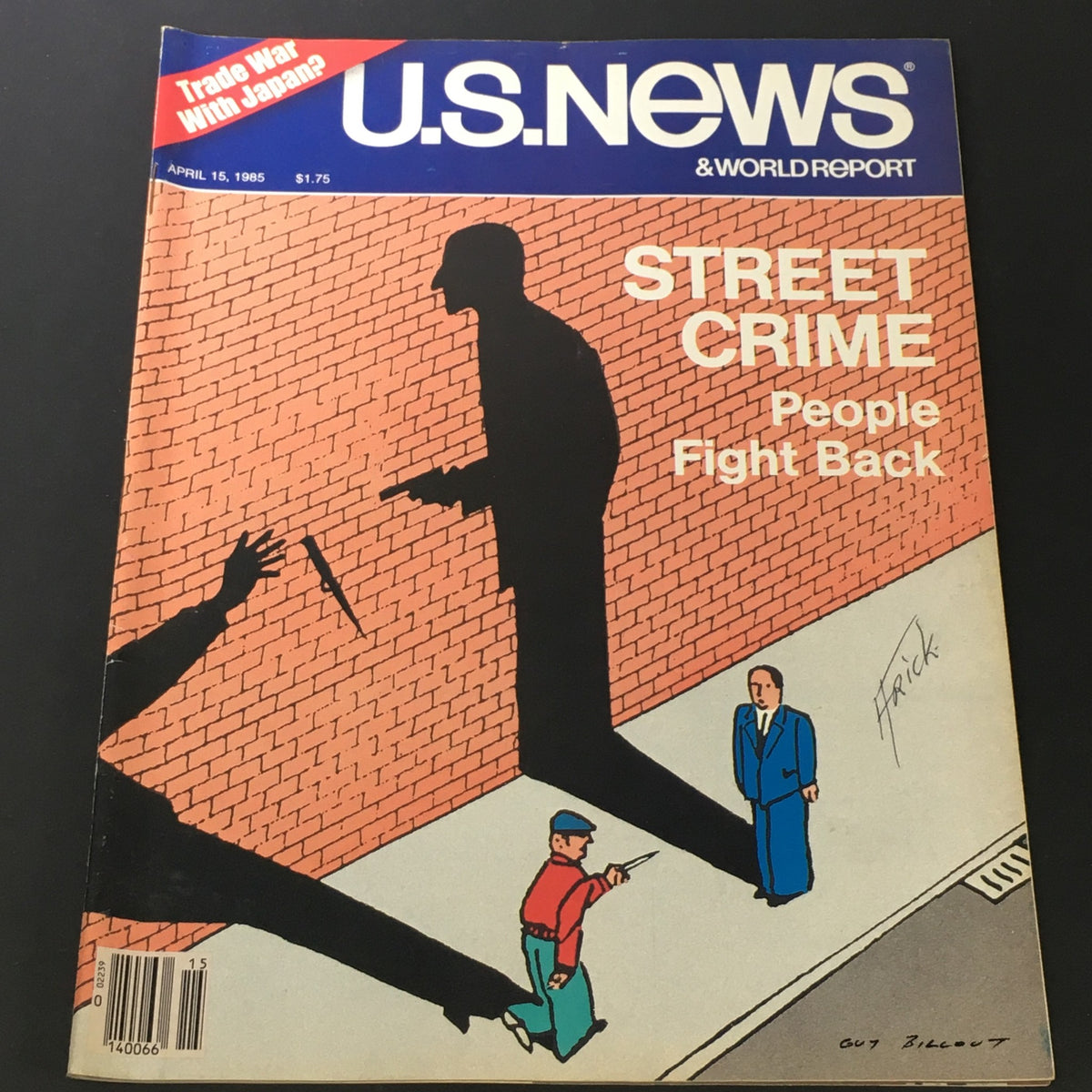 Cover of VTG US News & World Report from April 15, 1985, featuring an illustration on street crime with the title 'Street Crime, People Fight Back.' The artwork depicts a shadow of a person committing a crime against a brick wall backdrop.