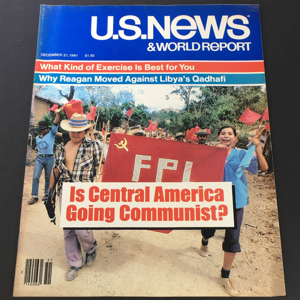 Cover of US News & World Report December 21, 1981, featuring an article titled 'Ronald Reagan Move Against Libya'. The cover includes images of children with a flag, highlighting themes of conflict and politics.