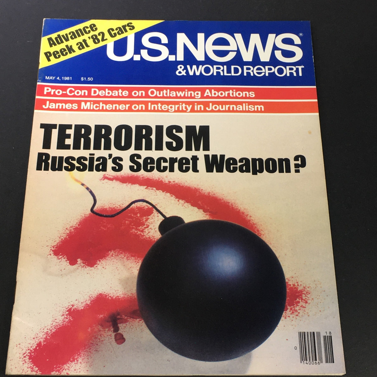 Cover of VTG US News & World Report from May 14, 1981, featuring the title 'Terrorism, Russia's Secret Weapon?' with a black bomb graphic on the front.
