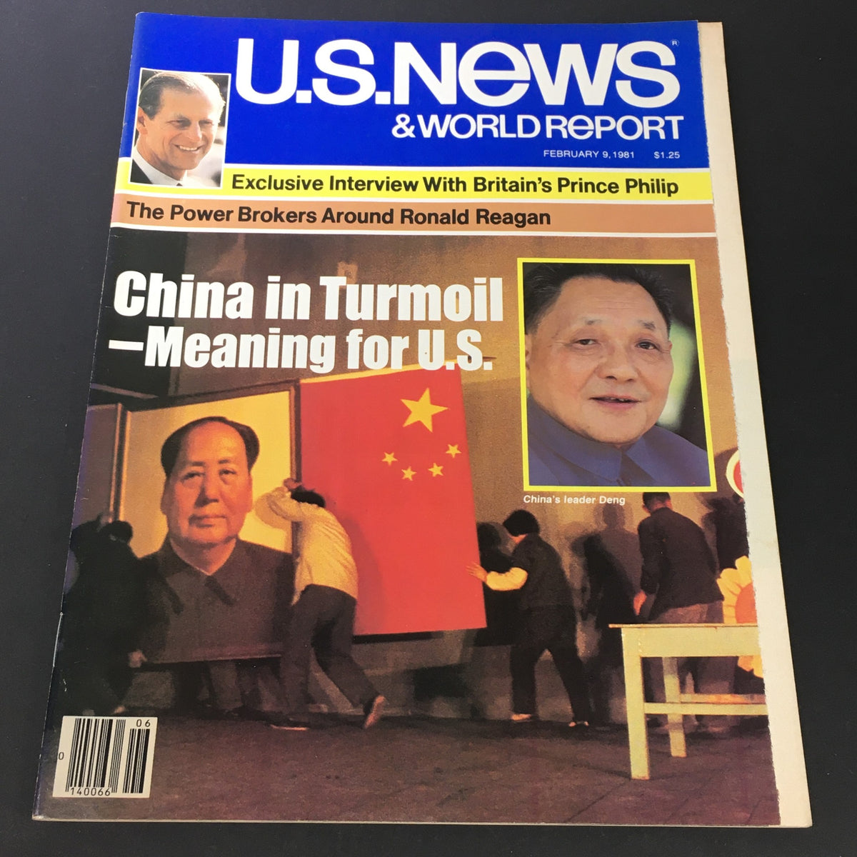 VTG US News & World Report February 9 1981 cover featuring an exclusive interview with Britain's Prince Philip and highlighting China's leader Deng Xiaoping. The cover depicts a scene with people removing a large portrait of Mao Zedong and illustrates the theme 'China in Turmoil - Meaning for U.S.', capturing significant historical context from the early 1980s.