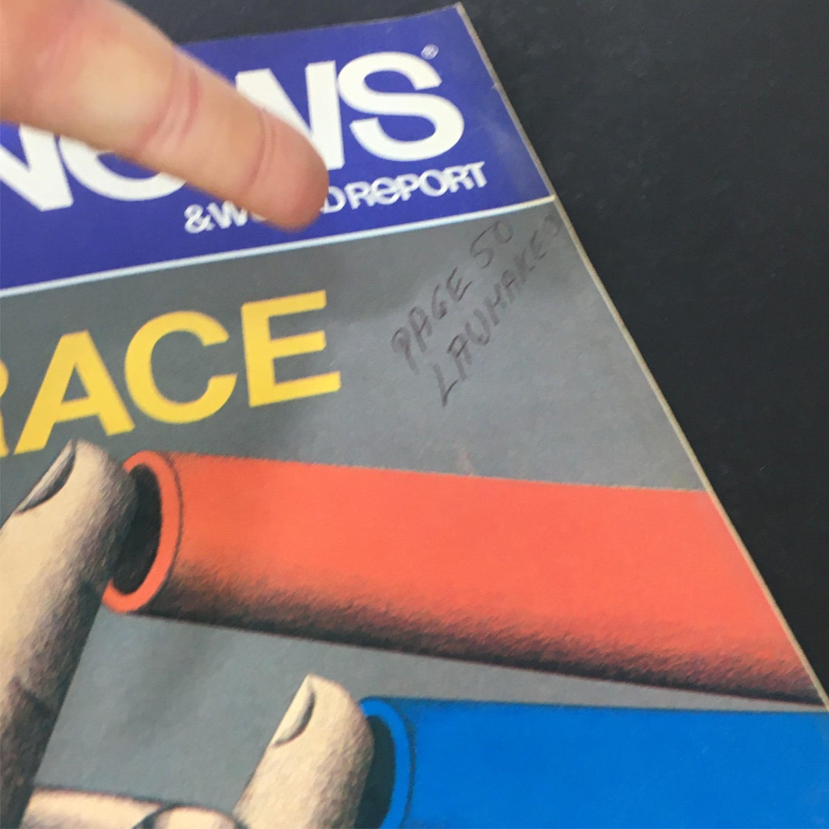 Close-up of the VTG US News & World Report March 18 1985 cover with the words 'PAGE 50 LAUGHTER' handwritten on it.