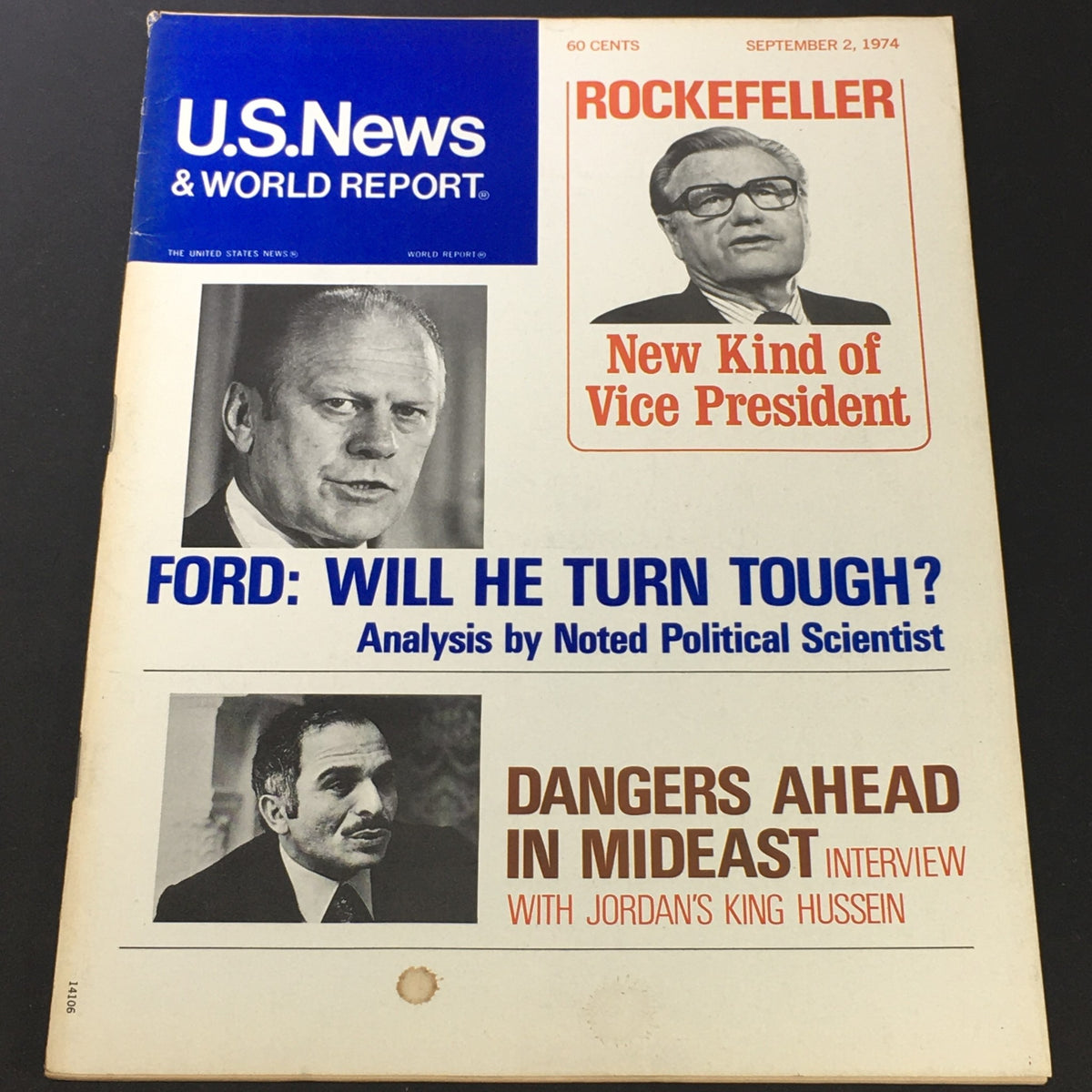 U.S. News & World Report cover from September 2, 1974 featuring Gerald Ford and Nelson Rockefeller, discussing political analysis and events in the Middle East.